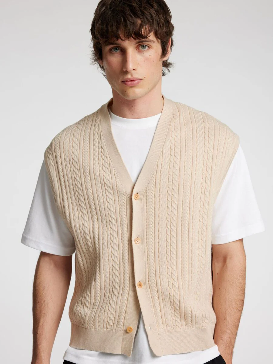 Selected Gilet in cotone da uomo Relaxed Cable beige - Image 2