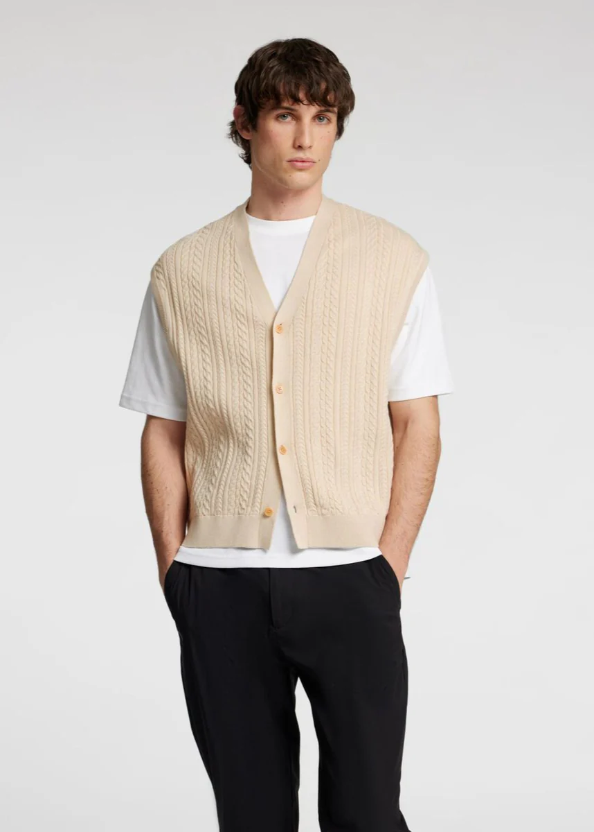 Selected Gilet in cotone da uomo Relaxed Cable beige - Image 3
