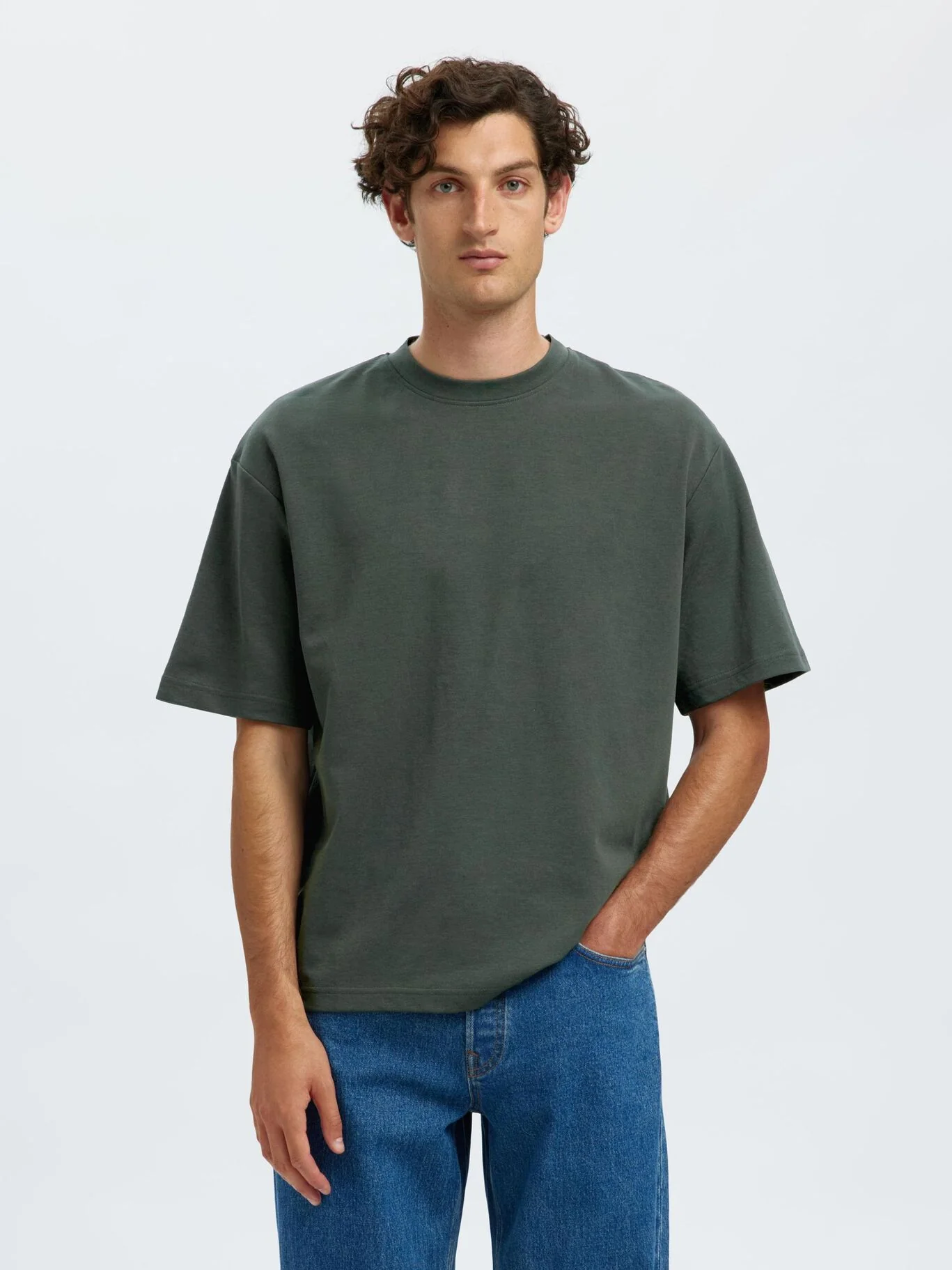Selected T-Shirt da uomo manica corta Oscar verde foresta - Image 3