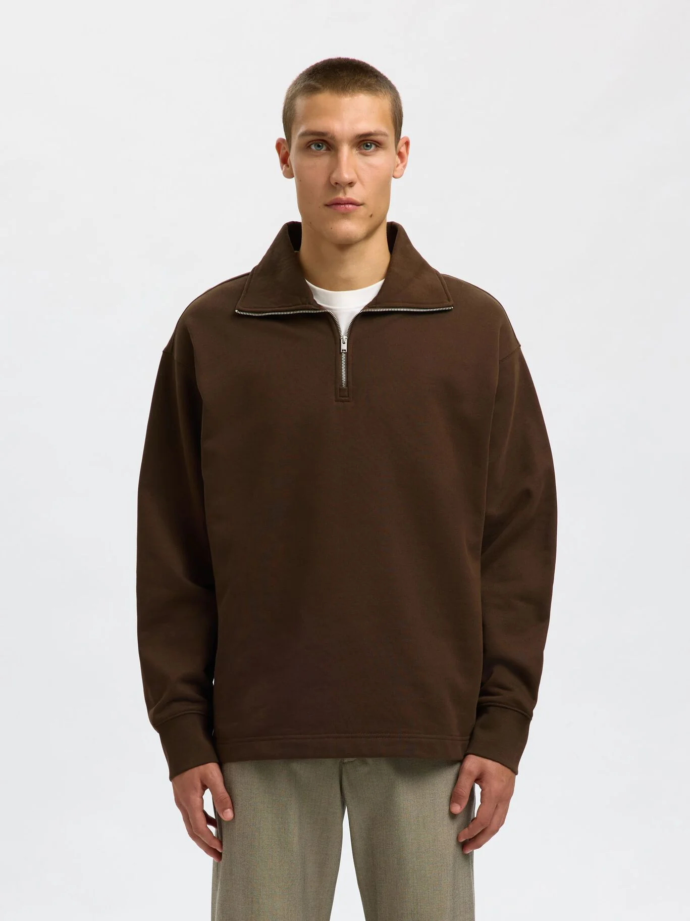 Selected Felpa da uomo con mezza zip Relax Ron marrone - Image 3