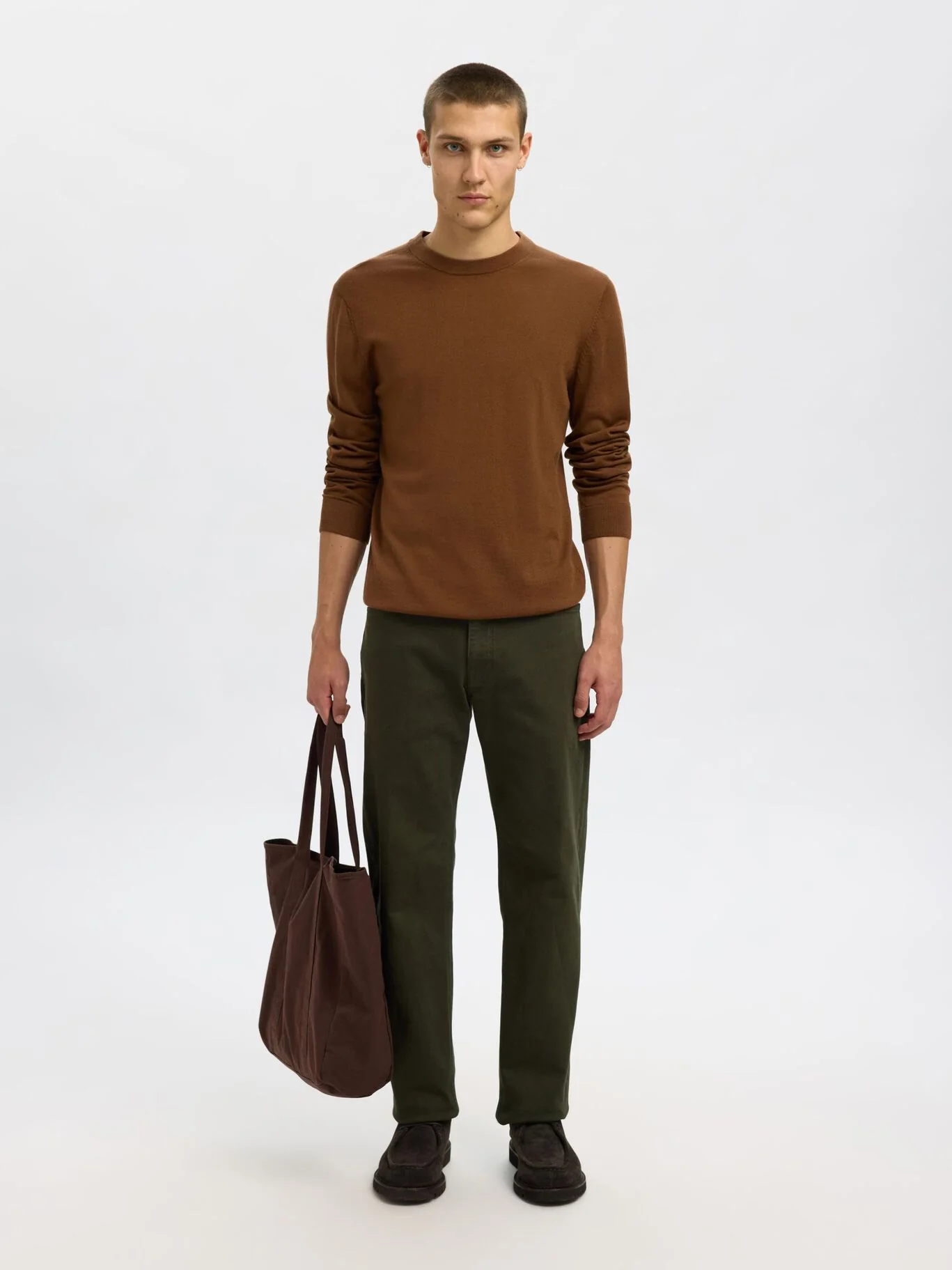 Selected Maglia girocollo in lana merino da uomo Tray marrone - Image 5
